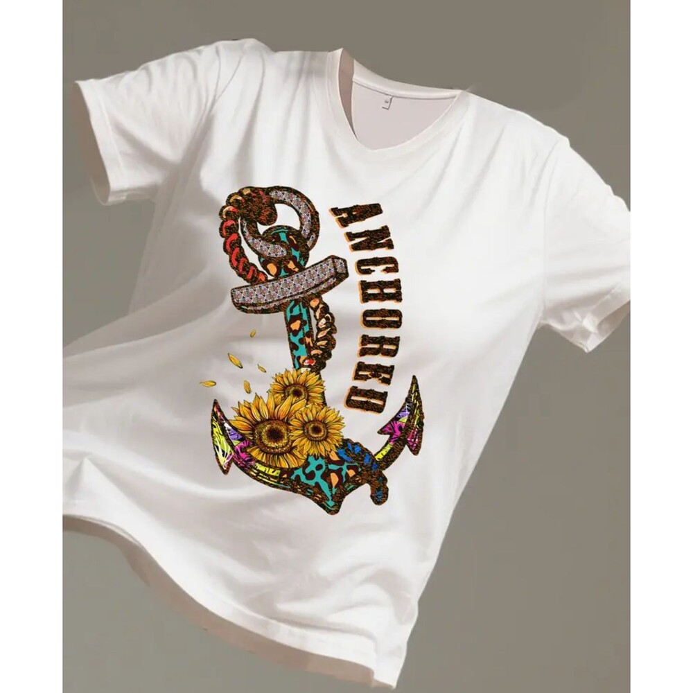 Anchored T-shirt Women's Large White Faith-based Sunflowers and Anchor